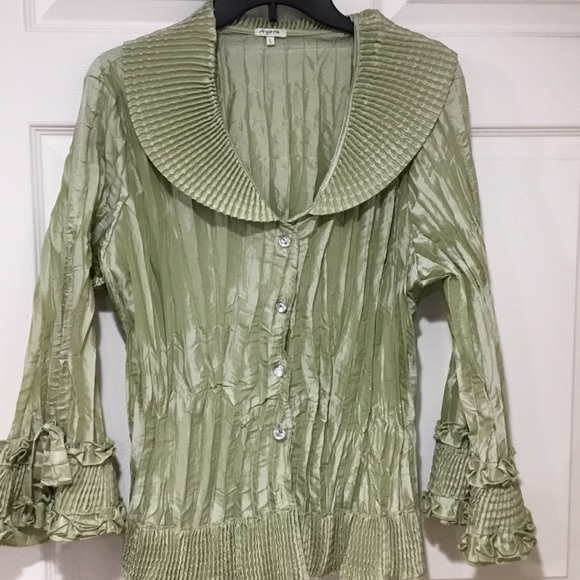 Agora Sage Green Pleated Ruffle Blouse Top - Picture 3 of 7